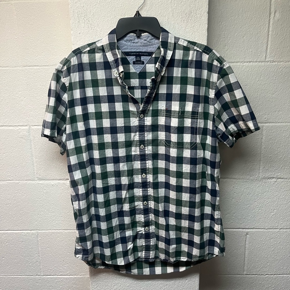 Tommy Hilfiger Men's Checkered Shirt - Green and Navy. Size XL